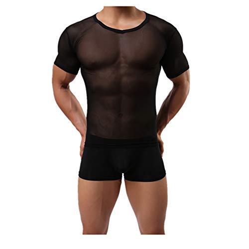 DOTBUY Sexy T-Shirt Herren Unterwäsche Transparent, Netzhemd Slim Fit Rundhalsausschnitt Kurze Ärmel Pyjamas Party Outfit (L, Schwarz) von DOTBUY