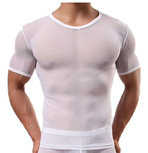 DOTBUY Sexy T-Shirt Herren Unterwäsche Transparent, Netzhemd Slim Fit Rundhalsausschnitt Kurze Ärmel Pyjamas Party Outfit (M, Weiß) von DOTBUY