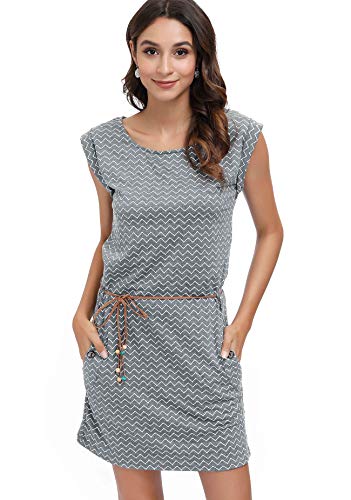 DOTIN Damen Sommerkleid Kurzarm Strandkleid Freizeitkleid Waves Tshirt Minikleid Jersey Kleid, Grau, L von DOTIN