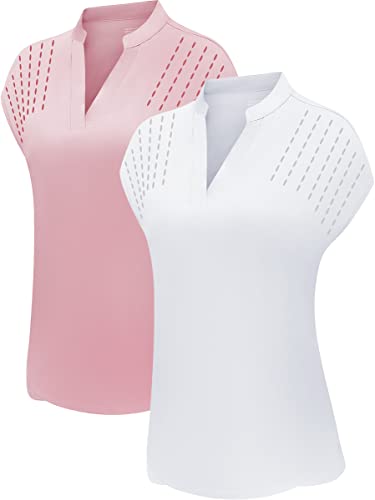 DOTIN Damen Golf-Polo-Shirts, kurzärmelig, V-Ausschnitt, Kragen, schnell trocknend, Tennis-Sport-Shirts, Workout-Tops, 2 Stück, Rosa und Weiß, 2 Stück, X-Groß von DOTIN