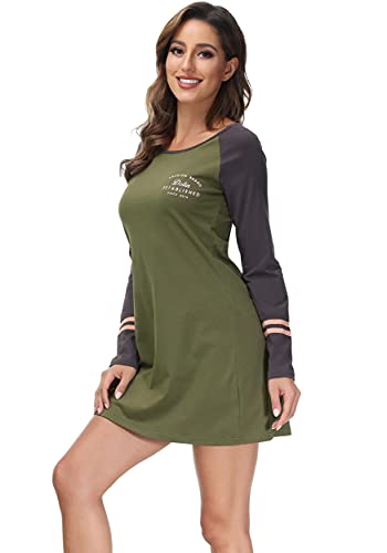 DOTIN Damen Nachthemd Langarm Sleepshirt Nachtkleid Baumwolle Schlafkleid Nachtwäsche Lounge Pyjamakleid Schlafhemd für Herbst Winter, Armee Grün, L von DOTIN