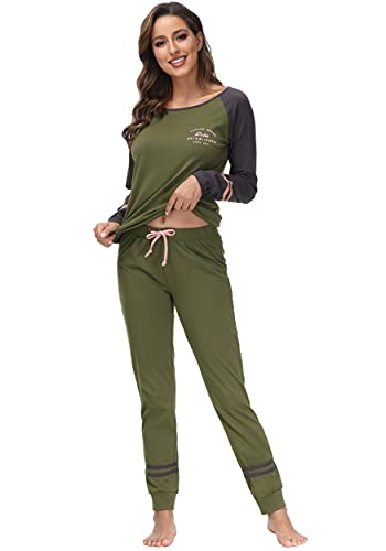 DOTIN Damen Schlafanzug Baumwolle Lange Pyjama Set Loungewear Hausanzug Nachtwäsche Zweiteiliger Sleepwear Schlafanzüge, Armee Grün Langarm, M von DOTIN