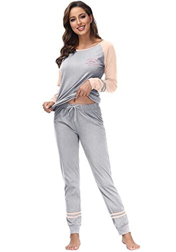 DOTIN Damen Schlafanzug Baumwolle Lange Pyjama Set Loungewear Hausanzug Nachtwäsche Zweiteiliger Sleepwear Schlafanzüge, Grau Langarm, M von DOTIN