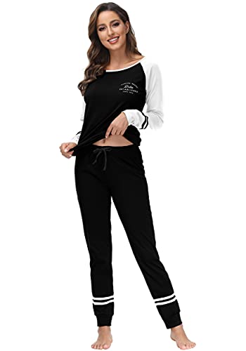 DOTIN Damen Schlafanzug Baumwolle Lange Pyjama Set Loungewear Hausanzug Nachtwäsche Zweiteiliger Sleepwear Schlafanzüge, Schwarz Langarm, L von DOTIN