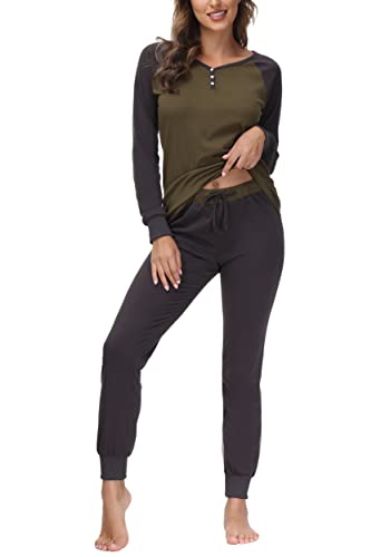 DOTIN Damen Schlafanzug Baumwolle Lange Pyjama Set V-Ausschnitt Nachtwäsche Hausanzug Zweiteiliger Sleepwear Loungewear, Grau+Armee Grün, M von DOTIN