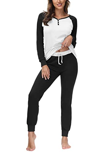 DOTIN Damen Schlafanzug Baumwolle Lange Pyjama Set V-Ausschnitt Nachtwäsche Hausanzug Zweiteiliger Sleepwear Loungewear, Schwarz+Weiss, S von DOTIN