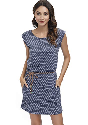 DOTIN Damen Sommerkleid Kurzarm Strandkleid Freizeitkleid Waves Tshirt Minikleid Jersey Kleid, Blau, S von DOTIN