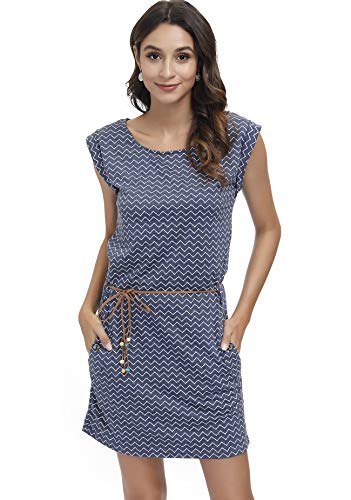 DOTIN Damen Sommerkleid Kurzarm Strandkleid Freizeitkleid Waves Tshirt Minikleid Jersey Kleid, Blau, XL von DOTIN