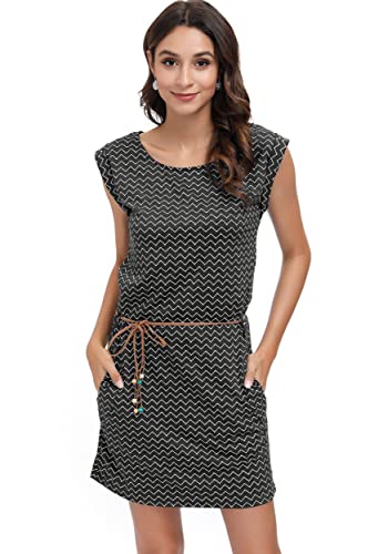 DOTIN Damen Sommerkleid Kurzarm Strandkleid Freizeitkleid Waves Tshirt Minikleid Jersey Kleid, Dunkelgrau, L von DOTIN