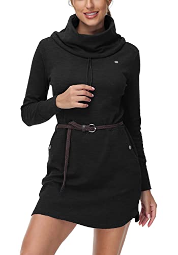 DOTIN Damen Sweatkleid Langarm Sweatshirt Pulloverkleid Rollkragen Hoodie Kleid Jumper Tops Kapuzenpulli, Dunkelgrau, L von DOTIN