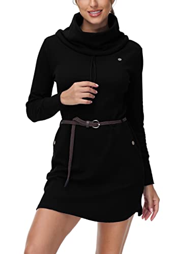 DOTIN Damen Sweatkleid Langarm Sweatshirt Pulloverkleid Rollkragen Hoodie Kleid Jumper Tops Kapuzenpulli, Schwarz, L von DOTIN