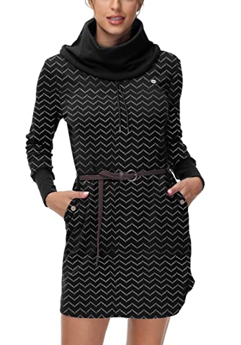 DOTIN Damen Sweatkleid Langarm Sweatshirt Pulloverkleid Rollkragen Hoodie Kleid Jumper Tops Kapuzenpulli, Schwarz Waves, L von DOTIN