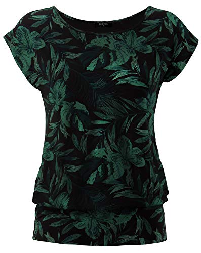 DOTIN Damen T-Shirt Rundhals Kurzarmshirt Allover Durck Stretch Tunika Casual Oberteil Bluse Tops, Schwarz, S von DOTIN