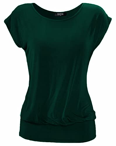 DOTIN Damen T-Shirt Rundhals Kurzarmshirt Allover Durck Stretch Tunika Casual Oberteil Bluse Tops, Dunkelgrün, L von DOTIN