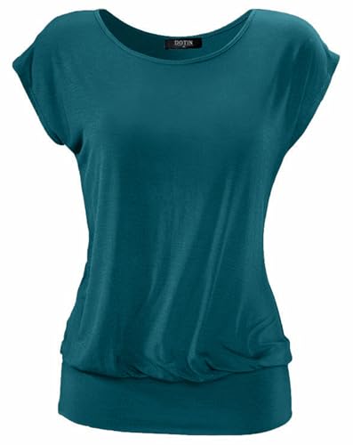 DOTIN Damen T-Shirt Rundhals Kurzarmshirt Allover Durck Stretch Tunika Casual Oberteil Bluse Tops, Pfau Blau, M von DOTIN