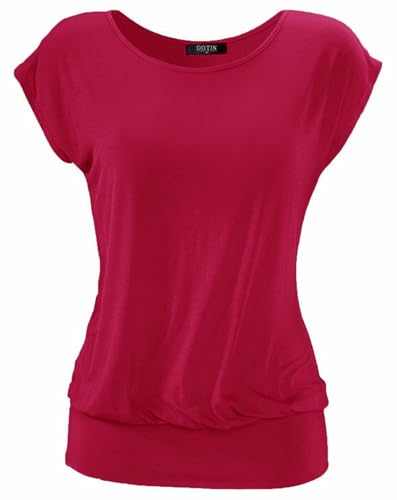 DOTIN Damen T-Shirt Rundhals Kurzarmshirt Allover Durck Stretch Tunika Casual Oberteil Bluse Tops, Rot, XXL von DOTIN