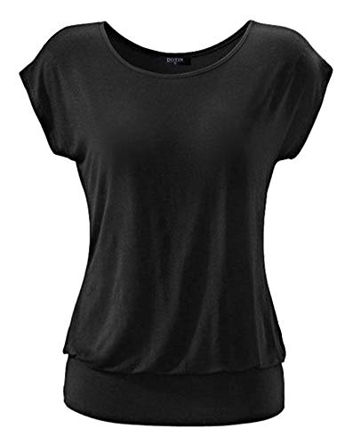 DOTIN Damen T-Shirt Rundhals Kurzarmshirt Allover Durck Stretch Tunika Casual Oberteil Bluse Tops, Schwarz-Uni, XXL von DOTIN