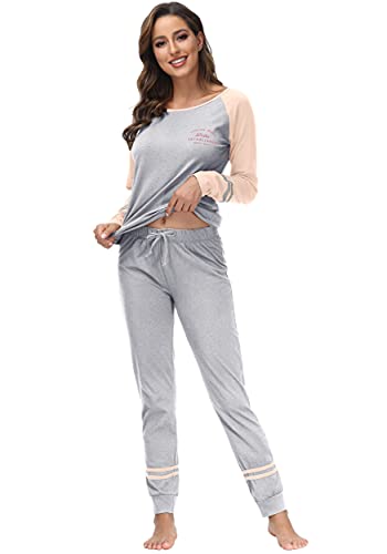 DOTIN Damen Schlafanzug Baumwolle Lange Pyjama Set Loungewear Hausanzug Nachtwäsche Zweiteiliger Sleepwear Schlafanzüge, Grau Langarm, XL von DOTIN