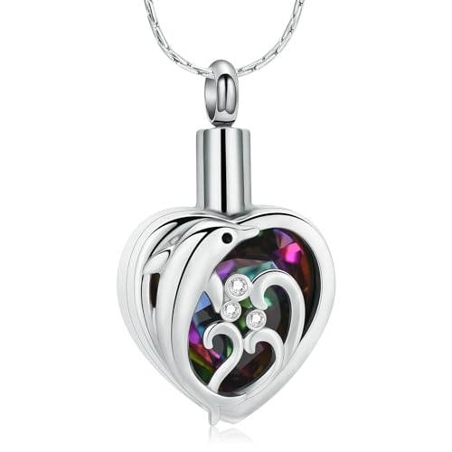 DOTUIARG Delphin Herz Urne Halskette Einäscherung Schmuck für Asche Kristall Memorial Anhänger Geliebte Asche Halter Andenken für Frauen Mädchen von DOTUIARG