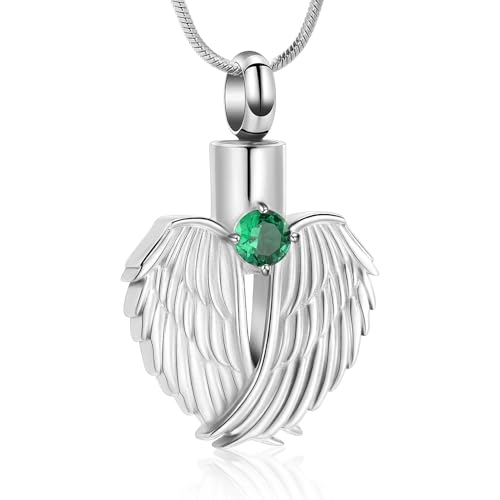 DOTUIARG Engel Flügel Herz Einäscherung Schmuck Urne Halskette für Asche für Frauen Geburtsstein Urne Medaillon Anhänger für Schwester Mutter von DOTUIARG