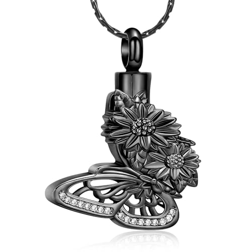 DOTUIARG Sonnenblume Schmetterling Urne Halskette für Asche Edelstahl Einäscherung Schmuck Andenken Anhänger Geliebte Gedächtnis Geschenk für Frauen von DOTUIARG