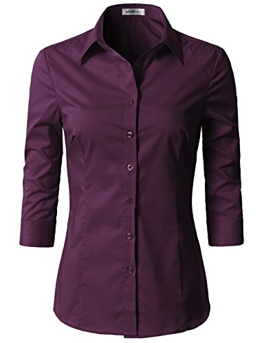 DOUBLJU Basic Slim Fit Kleid Shirts 3/4 Ärmel Kragen Knopfleiste formelle Business Casual Bluse für Damen mit Übergröße, Cwtsts09_plum, 1X von DOUBLJU