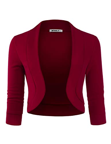 DOUBLJU Bolero Cardigan mit offener Vorderseite, 3/4-Ärmel, kurzärmelig, lässig, Basic, Cropped-Blazer für Damen mit Übergröße, Cwocas008_burgundy, X-Groß von DOUBLJU