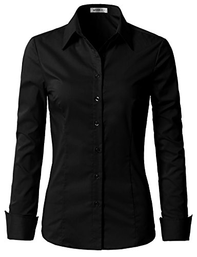 DOUBLJU Damen Basic Slim Fit y Baumwolle Button-Down-Shirts mit Übergröße, Cwtdsl01_black, Mittel von DOUBLJU