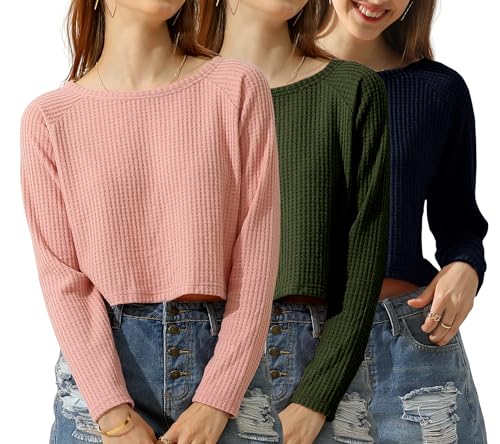 DOUBLJU Damen Langarm Oversized Waffelstrick Crop Sweatshirt Casual Lose Tops 3er Pack, Nabsfr, Klein von DOUBLJU