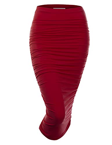 Doublju Damen Bleistiftrock Slim Fit Ruched Lang Bleistift Rock mit Übergröße - Rot - Mittel von DOUBLJU