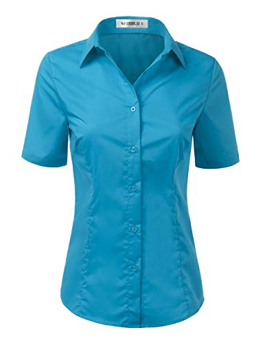 Doublju Womens Slim Fit Short Sleeve Business Casual Button Down Blouse Shirt Turquoise Large von DOUBLJU