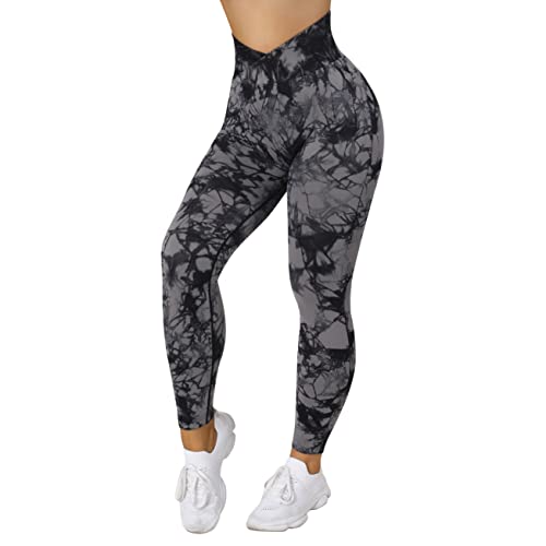 DOULAFASS Crossover Waist Scrunch Leggings Damen Push Up Sport Leggings Seamless V Kreuz Taille Gym Leggings Schwarz Grau L von DOULAFASS