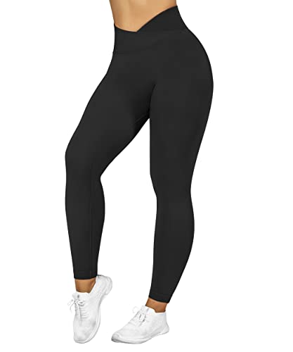 DOULAFASS Crossover Waist Scrunch Leggings Damen Push Up Sport Leggings Seamless V Kreuz Taille Gym Leggings Schwarz L von DOULAFASS