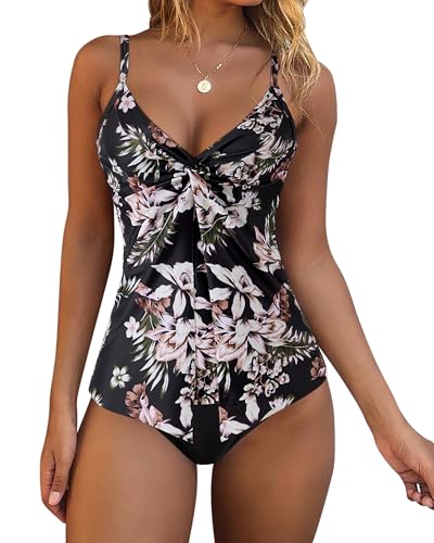 DOULAFASS Damen Bauchweg Tankini Twisted Knot Plissiert Bademode V-Ausschnitt Push up Tankini Set Zweiteilig Badeanzug von DOULAFASS