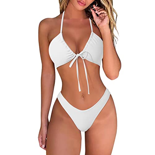 DOULAFASS Damen Bikini Set Sexy Bikini Brazilian Style Niedriger Taille String Triangel 2tlg Bikini Weiß L von DOULAFASS