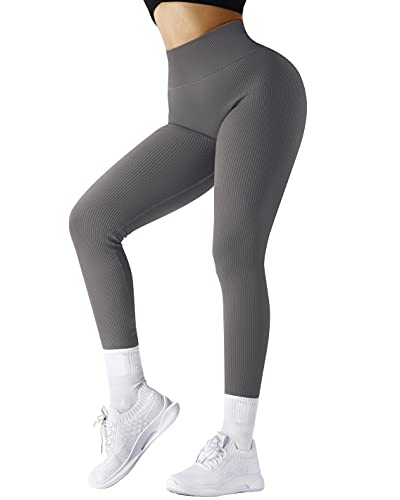 DOULAFASS Gerippte Sport Leggings Damen High Waist Gym Leggings Blickdicht Kompressions Leggings Nahtlose Workout Yoga Leggings Grau L von DOULAFASS