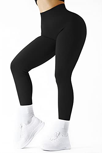 DOULAFASS Gerippte Sport Leggings Damen High Waist Gym Leggings Blickdicht Kompressions Leggings Nahtlose Workout Yoga Leggings Schwarz L von DOULAFASS