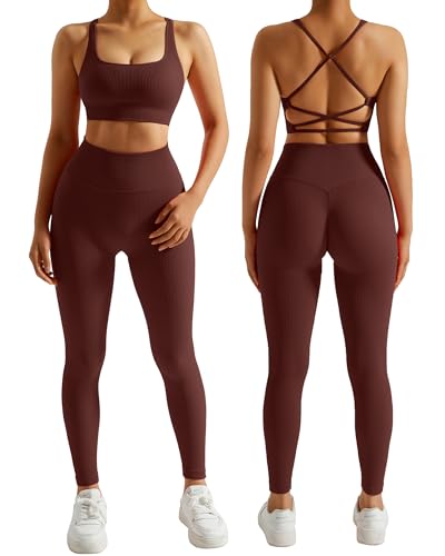 DOULAFASS Gerippte Sport Set Damen Nahtlose Yoga Set Zweiteiler Strappy RüCken Gym Set Undurchsichtiges Fitness Outfit von DOULAFASS