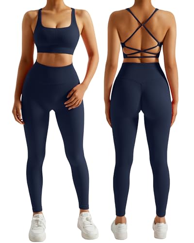 DOULAFASS Gerippte Sport Set Damen Nahtlose Yoga Set Zweiteiler Strappy RüCken Gym Set Undurchsichtiges Fitness Outfit von DOULAFASS