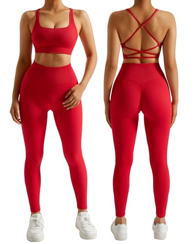 DOULAFASS Gerippte Sport Set Damen Nahtlose Yoga Set Zweiteiler Strappy RüCken Gym Set Undurchsichtiges Fitness Outfit von DOULAFASS
