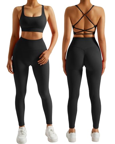 DOULAFASS Gerippte Sport Set Damen Nahtlose Yoga Set Zweiteiler Strappy RüCken Gym Set Undurchsichtiges Fitness Outfit von DOULAFASS