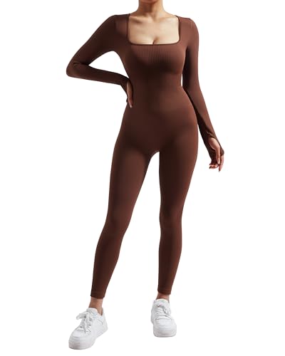 DOULAFASS Nahtloser Gerippter Langarm Jumpsuit Damen Eng Square Neck Bauch Weg Full Body Einteiler Yoga Sport Body Romper Braun S von DOULAFASS