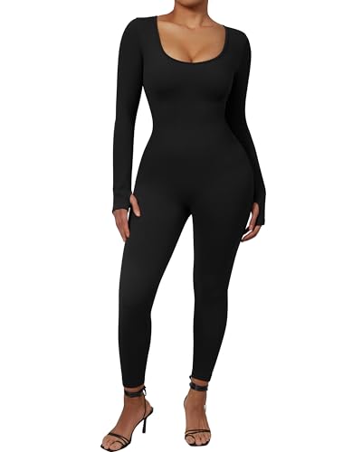 DOULAFASS Nahtloser Gerippter Langarm Jumpsuit Damen Eng Square Neck Bauch Weg Full Body Einteiler Yoga Sport Body Romper Schwarz M von DOULAFASS