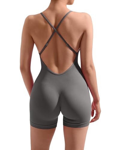 DOULAFASS Rückenfreier Ärmelloser Jumpsuit Damen Kurz Spaghetti Strap Overall Po-Lifting Yoga Einteiler von DOULAFASS