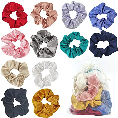 Haargummis Scrunchies 12 PCS Seiden Satin Scrunchie Set für Pferdeschwanz-Halter, bunte Haarschmuck Seile Scrunchie, einfarbig traceless Haargummis für Frauen & Mädchen von DOULEIN