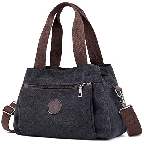 DOURR Hobo Handtaschen Canvas Crossbody Tasche für Frauen Multi Fächer Tote Geldbörse Taschen, schwarz, Medium von DOURR