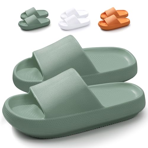 DOUUCO Badelatschen Herren Damen Original 100% EVA Super Weich & Rutschfest Wolke Slippers Cozislides Hausschuhe Für Innen & Außen, Sommer Garten Pool Badeschlappen, Flip Flops, Pantoletten, Grün von DOUUCO