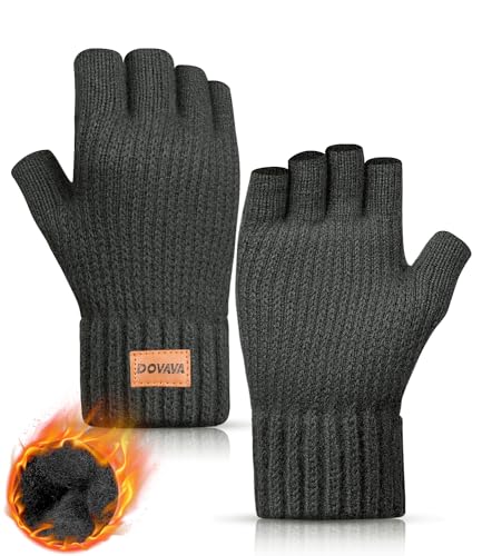 DOVAVA Handschuhe Fingerlos Herren Damen,Winterhandschuhe Touchscreen,Thermo Halbfinger Strickhandschuhe mit Weichem Innenfutter für Camping Wandern Running Sport(Grau von DOVAVA