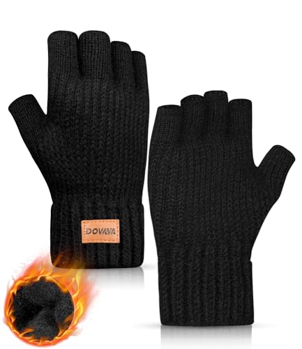 DOVAVA Handschuhe Fingerlos Herren Damen,Winterhandschuhe Touchscreen,Thermo Halbfinger Strickhandschuhe mit Weichem Innenfutter für Laufen Radfahren Freizeit Outdoor (Schwarz von DOVAVA