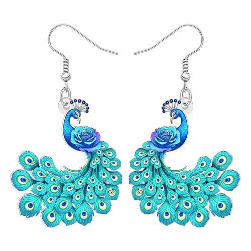 DOWAY Acryl Elegant Pfau Ohrringe Tropfen Hängend Frühling Sommer Schmuck Vogel Liebhaber Geschenke für Frauen Mom Mädchen (Blueness) von DOWAY